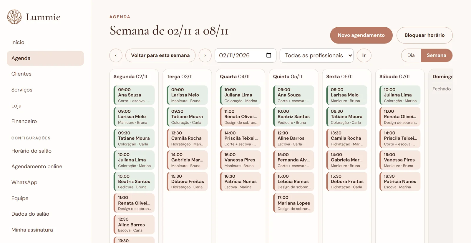 Agenda da semana na Lummie, com os atendimentos de cada dia